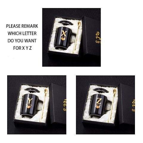 Load image into Gallery viewer, 400ml Creative Gold Finger Printing Black Ceramic Coffee Mug Tea Cup With Gold Handle As Gift With Lid And Spoon
