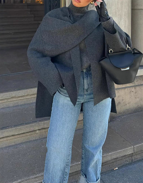 Load image into Gallery viewer, Asymmetric shawl scarf knitted sweater gray long sleeved cardigan
