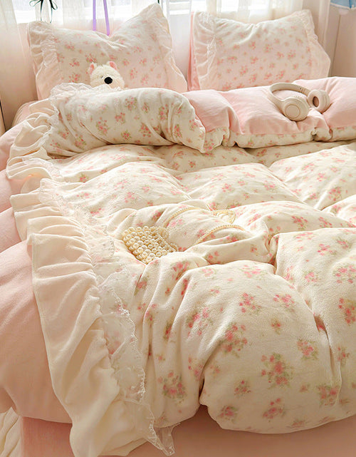 Load image into Gallery viewer, Princess style milk velvet bed four piece set, winter thick double-sided velvet duvet cover with velvet bed sheet bedding
