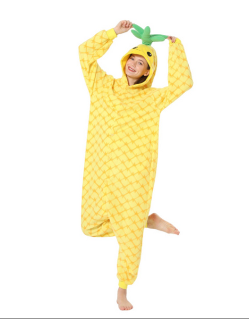 Load image into Gallery viewer, Pineapple cartoon one piece pajamas autumn and winter fleece thickened warm home clothing cute men and women Halloween
