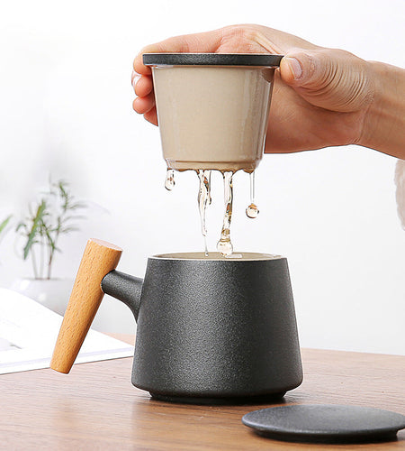 Wooden Handle Ceramic Tea Cup With Lid Filter Tea Cup Tea Water Separation Cup Flower Tea Cup Office Cup
