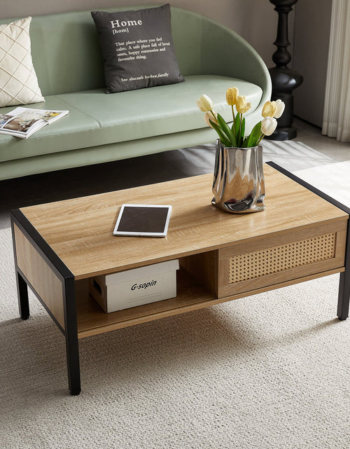 Load image into Gallery viewer, 40.16" Rattan Coffee table, sliding door for storage, metal legs, Modern table for living room , natural

