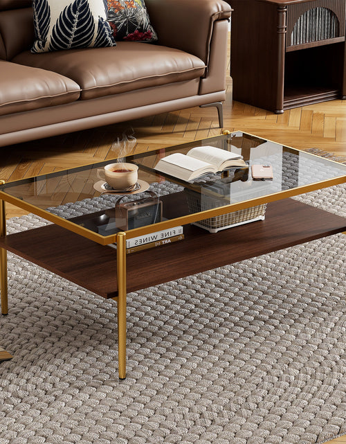 Load image into Gallery viewer, Rectangle Coffee Table with Gray Tempered Glass top and Golden Legs, Modern Table for Living Room
