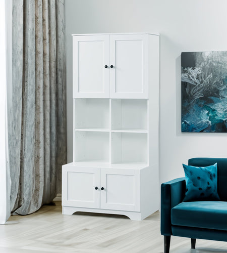Bathroom storage cabinet, 4-door independent cabinet, adjustable shelf, open multi-layer shelf, white