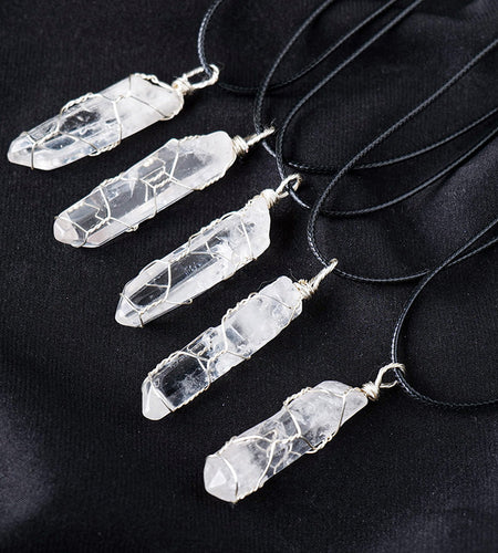 White crystal winding necklace, crystal raw stone, single crystal hexagonal pillar, winding pendant