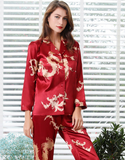 Load image into Gallery viewer, Simulated silk couple sleepwear new long sleeved set men's and women's V-neck silk printed dragon and phoenix home clothes
