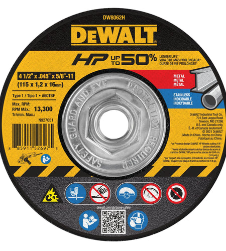 DeWalt DW8062H 4-1/2 In x .045 in Aluminum Oxide Abrasive Chop / Cut-Off Blade with 5/8 in Arbor For Metal Cutting (1 Pack)