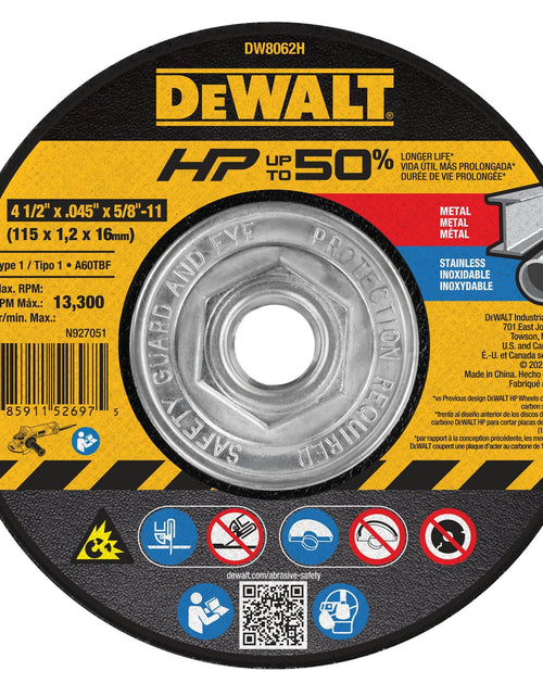 Load image into Gallery viewer, DeWalt DW8062H 4-1/2 In x .045 in Aluminum Oxide Abrasive Chop / Cut-Off Blade with 5/8 in Arbor For Metal Cutting (1 Pack)
