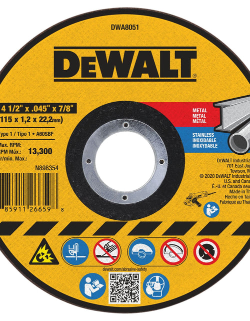 Load image into Gallery viewer, DeWalt DWA8051 4-1/2 In x .045 in Aluminum Oxide Abrasive Chop / Cut-Off Blade with 7/8 in Arbor For Concrete &amp; Masonry Cutting (1 Pack)
