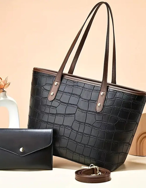 Load image into Gallery viewer, Crocodile Embossed Tote Bag Set with Clutch Purse
