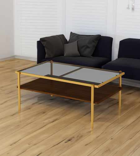 Rectangle Coffee Table with Gray Tempered Glass top and Golden Legs, Modern Table for Living Room