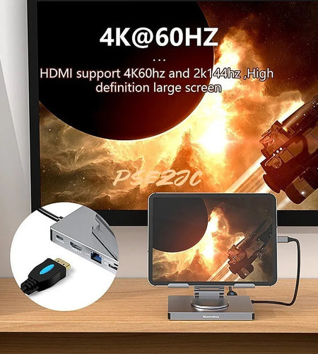 4K/60Hz Gigabit Ethernet Port USB 3.0 Splitter Hub Converter Flat Panel Rotary Stand Type-c Docking Station