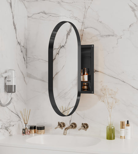 20x34 inch oval embedded medicine cabinet, metal frame bathroom cabinet with mirror and adjustable shelf matte black