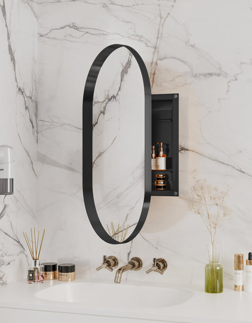 Load image into Gallery viewer, 20x34 inch oval embedded medicine cabinet, metal frame bathroom cabinet with mirror and adjustable shelf matte black

