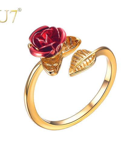 U7 Red Rose Garden Flower Leaves Resizable Finger Rings for Women Valentine's Day Gift Jewelry Hot Sale Open Ring R1019
