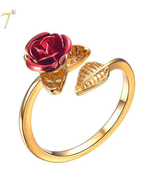 Load image into Gallery viewer, U7 Red Rose Garden Flower Leaves Resizable Finger Rings for Women Valentine's Day Gift Jewelry Hot Sale Open Ring R1019
