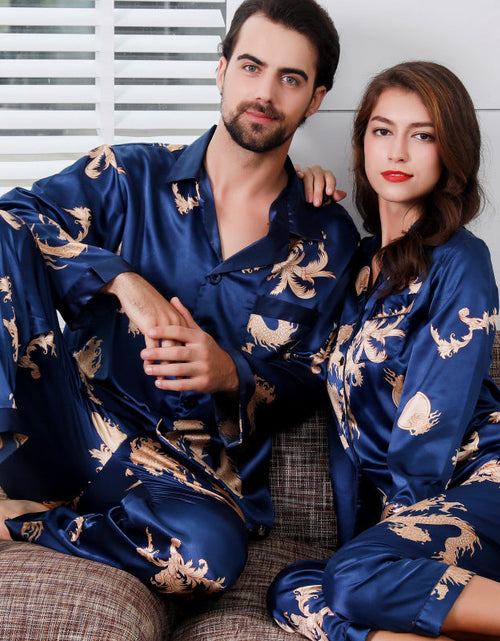 Load image into Gallery viewer, Simulated silk couple sleepwear new long sleeved set men's and women's V-neck silk printed dragon and phoenix home clothes
