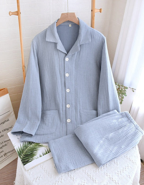 Load image into Gallery viewer, Women's sleepwear made of pure cotton with four layers of gauze, suitable for couples in spring, autumn, and winter. Men's casual plus size set
