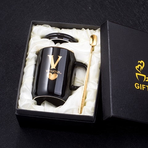 Load image into Gallery viewer, 400ml Creative Gold Finger Printing Black Ceramic Coffee Mug Tea Cup With Gold Handle As Gift With Lid And Spoon
