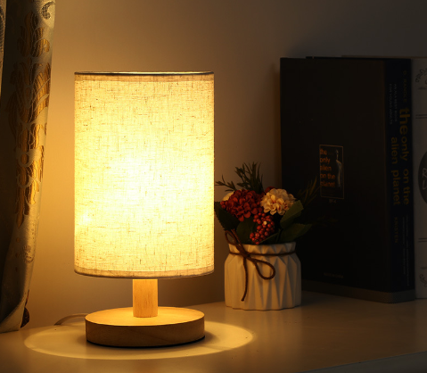 Load image into Gallery viewer, Linen Table Lamp LED Linen Night Lamp w/Warm White Light Linen Nightstand Lamp USB Powered Wooden Beside Lamp
