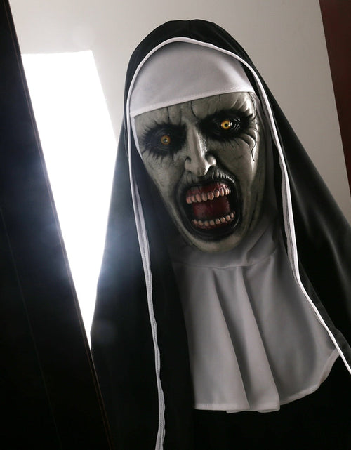Load image into Gallery viewer, The Nun Horror Mask Cosplay Valak Scary Latex Masks with Headscarf Veil Hood Full Face Helmet Horror Costume Halloween Prop
