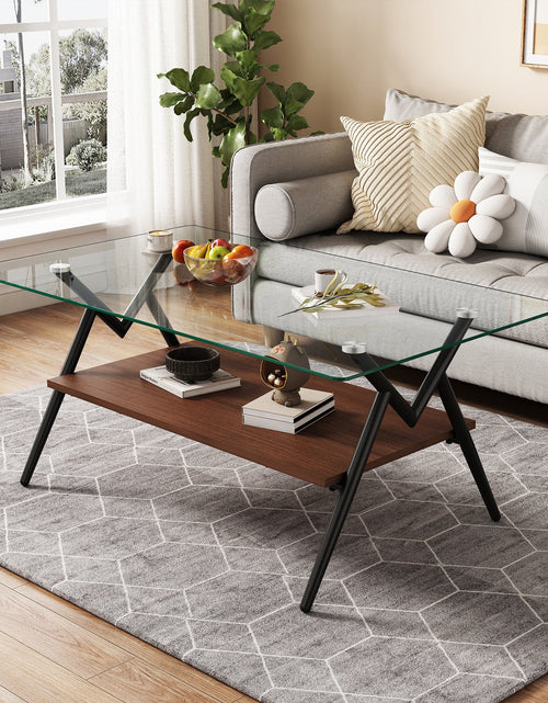 Load image into Gallery viewer, Rectangle Coffee Table with Tempered Glass top and Black Metal Legs, Modern Table for Living Room , Transparent Glass
