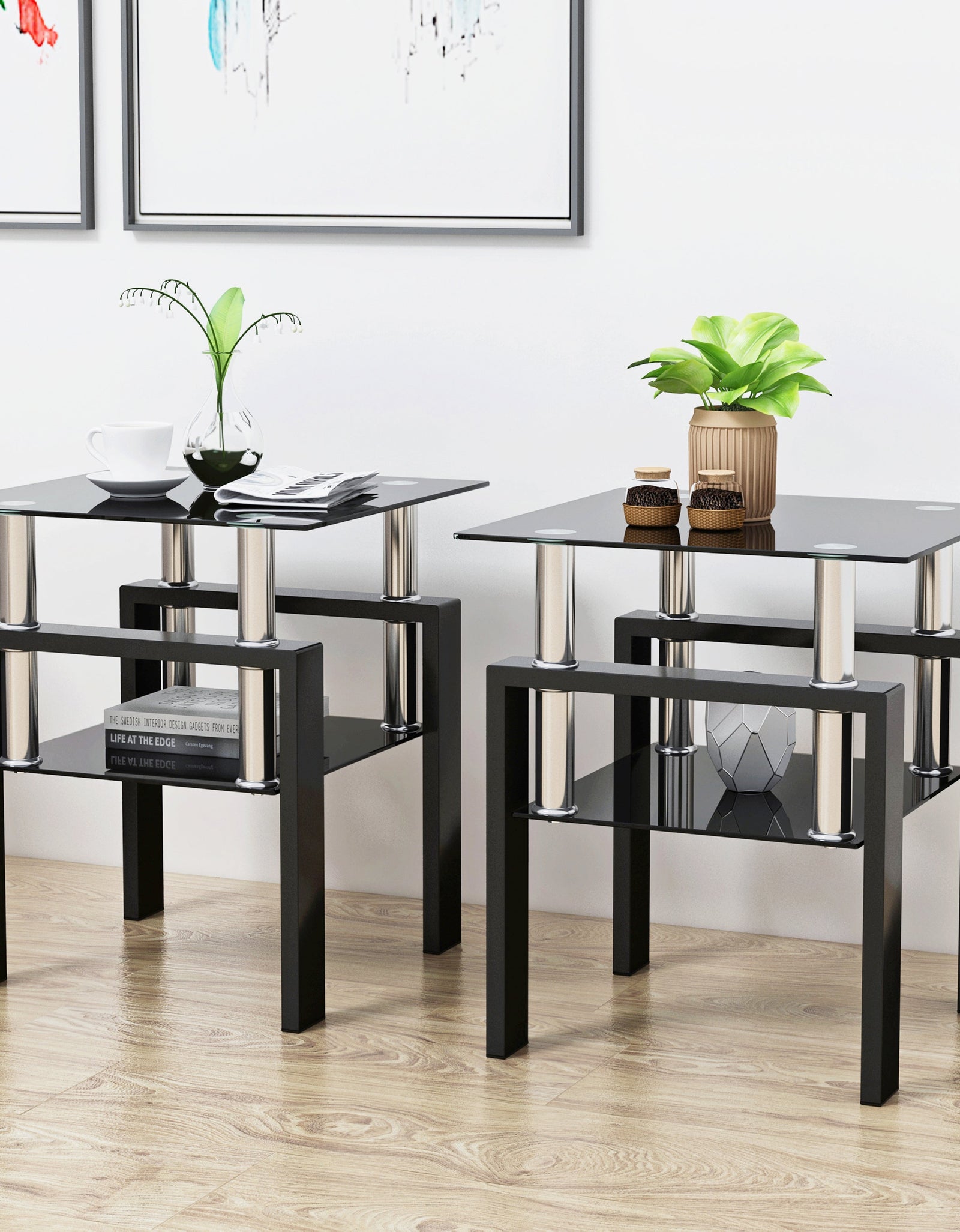 Set of 2, Modern Tempered Glass Tea Table Coffee Table End Table, Square Table for Living Room, Black