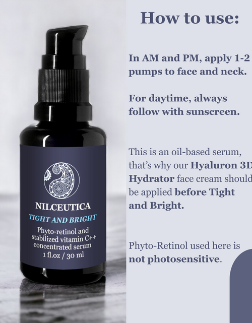 Load image into Gallery viewer, TIGHT AND BRIGHT, an Advanced Gentle Phyto-Retinol and Vitamin C Face Serum, 12 Innovative Technologies, 55% High-Performance Cosmeceuticals
