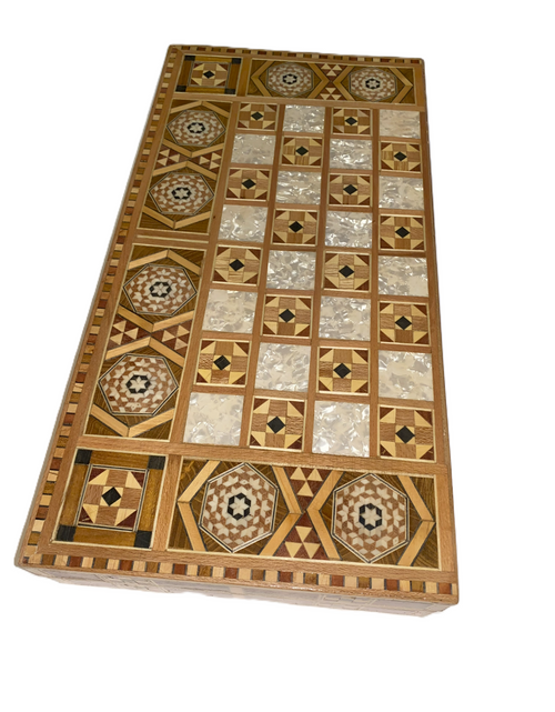 Load image into Gallery viewer, Vintage Mosaic Wooden Inlaid Marquetry Box Backgammon Set
