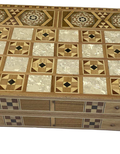 Load image into Gallery viewer, Vintage Mosaic Wooden Inlaid Marquetry Box Backgammon Set

