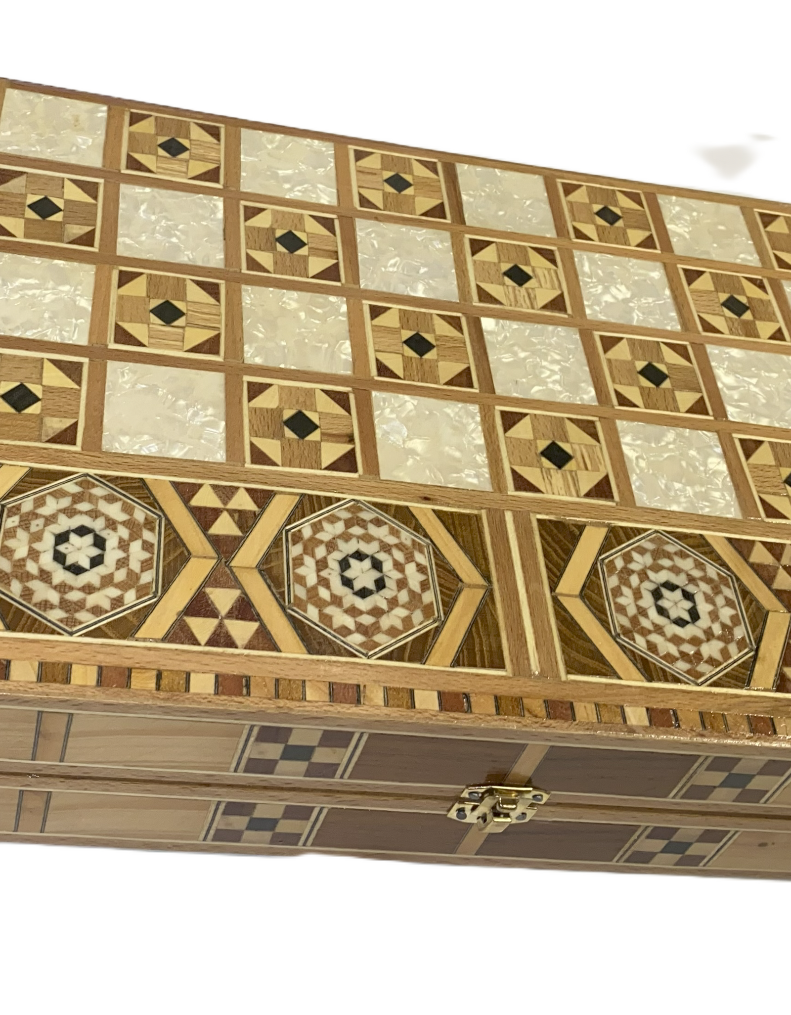 Vintage Mosaic Wooden Inlaid Marquetry Box Backgammon Set