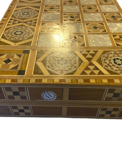 Load image into Gallery viewer, Vintage Mosaic Wooden Inlaid Marquetry Box Backgammon Set
