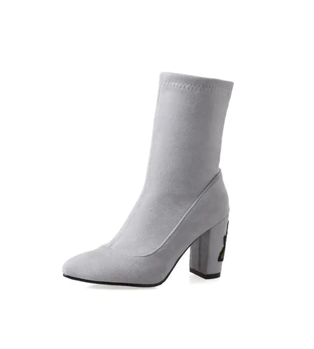 Embroidered Gray Ankle Boots with Chunky Heels for Women