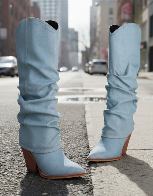 Load image into Gallery viewer, Vintage Pointed-Toe Chunky Heel High Tube Boots — Statement Heels
