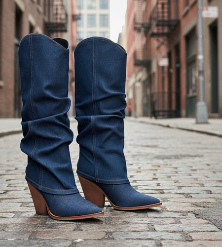 Vintage Pointed-Toe Chunky Heel High Tube Boots — Statement Heels