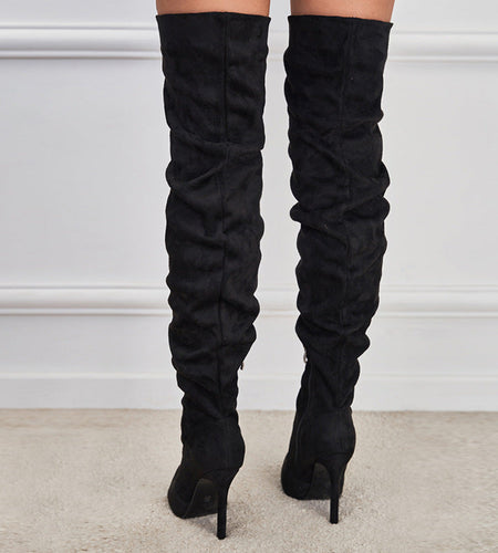 Pointed-Toe Suede Stiletto Boots with High Zipper — European / American Chic