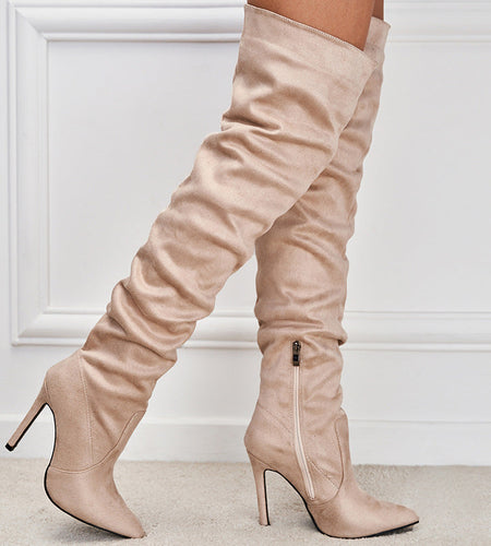 Pointed-Toe Suede Stiletto Boots with High Zipper — European / American Chic
