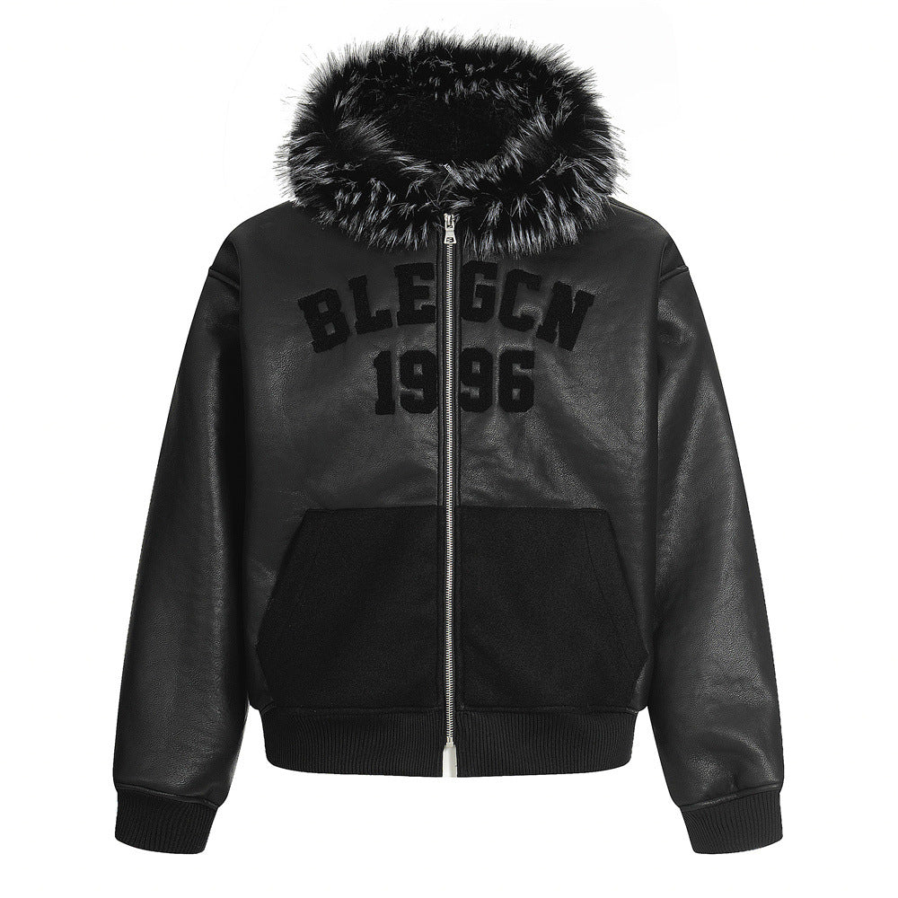 Street Style Men's Cotton Coat with Hood, Fur Collar, Letter Embroidery, Casual Loose Fit Outerwear Jacket