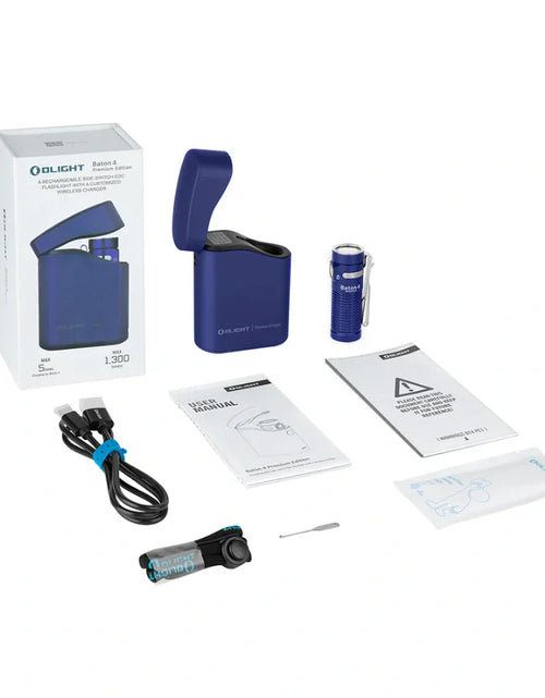 Load image into Gallery viewer, OLIGHT BATON4KITRGBU Baton 4 Powerful EDC Flashlight 1300 Lumens - Regal Blue - Premium (With Charging Case)
