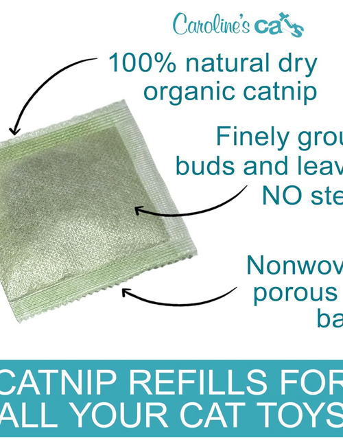 Load image into Gallery viewer, Caroline's Cats Organic Catnip Packets for Cat Toys 2.0 – More Potent Refill Pouches for Flapping Bird, Flopping Fish, and Others, 10 Tea Bags
