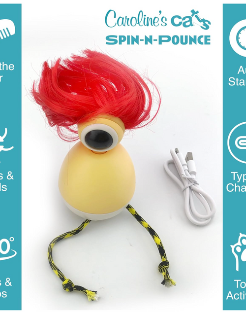 Load image into Gallery viewer, Caroline's Cats Spin-N-Pounce Rechargeable Automatic Interactive Indoor Dancing Cat Toy; Touch Sensor &amp; Auto Shut Off, 360° Rotation, Silent Motor, LED Light, Simulates Prey for Hunting &amp; Exercise
