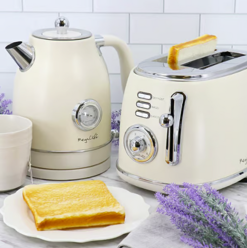 Load image into Gallery viewer, MegaChef 1.8 Quart Electric Tea Kettle and 2 Slice Toaster Combo in Creme
