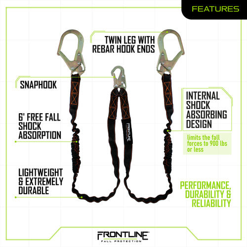 Load image into Gallery viewer, Frontline LIS62R Combat Twin Leg 6' Rebar Hook Lanyard with Internal Shock Absorber
