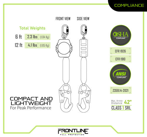 Load image into Gallery viewer, Frontline RPA061S 6' Aramid Fiber Web Single Leg SRL with Steel Snap Hook End
