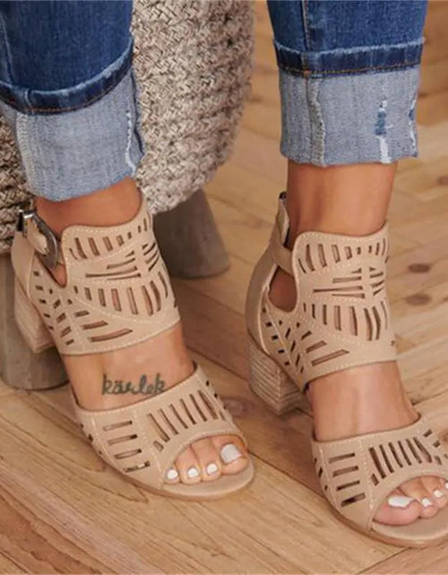 Load image into Gallery viewer, Cutout Floral Chunky Heels Women's Sandals
