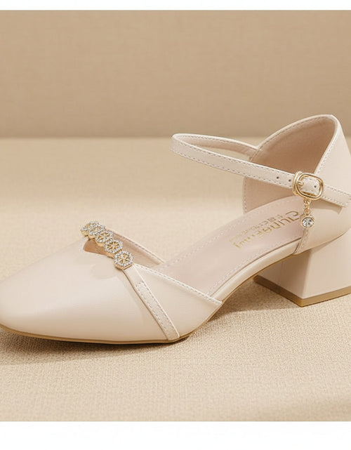 Load image into Gallery viewer, Women's Mid-Heel Slingback Pumps – Square Toe Buckle Strap

