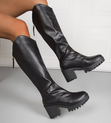 Women’s Thick High-Heel Knee-High Black Boots | Elegant Streetwear