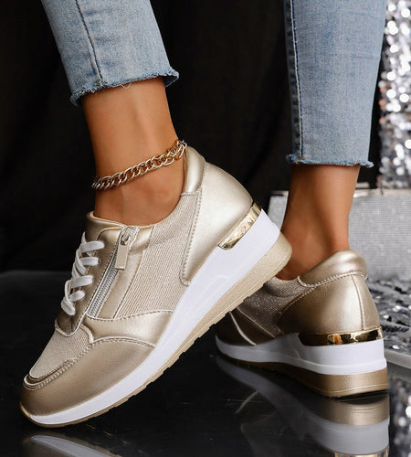 Metallic Lace-Up Side Zipper Thick-Sole Sneakers – 3 Colors EU 37–44