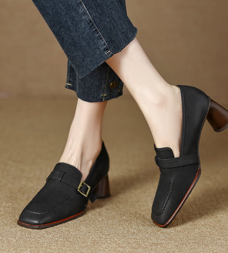 Women's Retro British Style Chunky Heel Leather Shoes – Round Toe Commuter