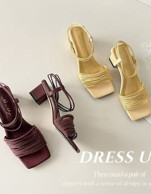 Load image into Gallery viewer, Women's Square-Toe Block Heel Sandals – Multi-Strap Ankle Wrap Mid-Heel Shoes with Pigskin Lining

